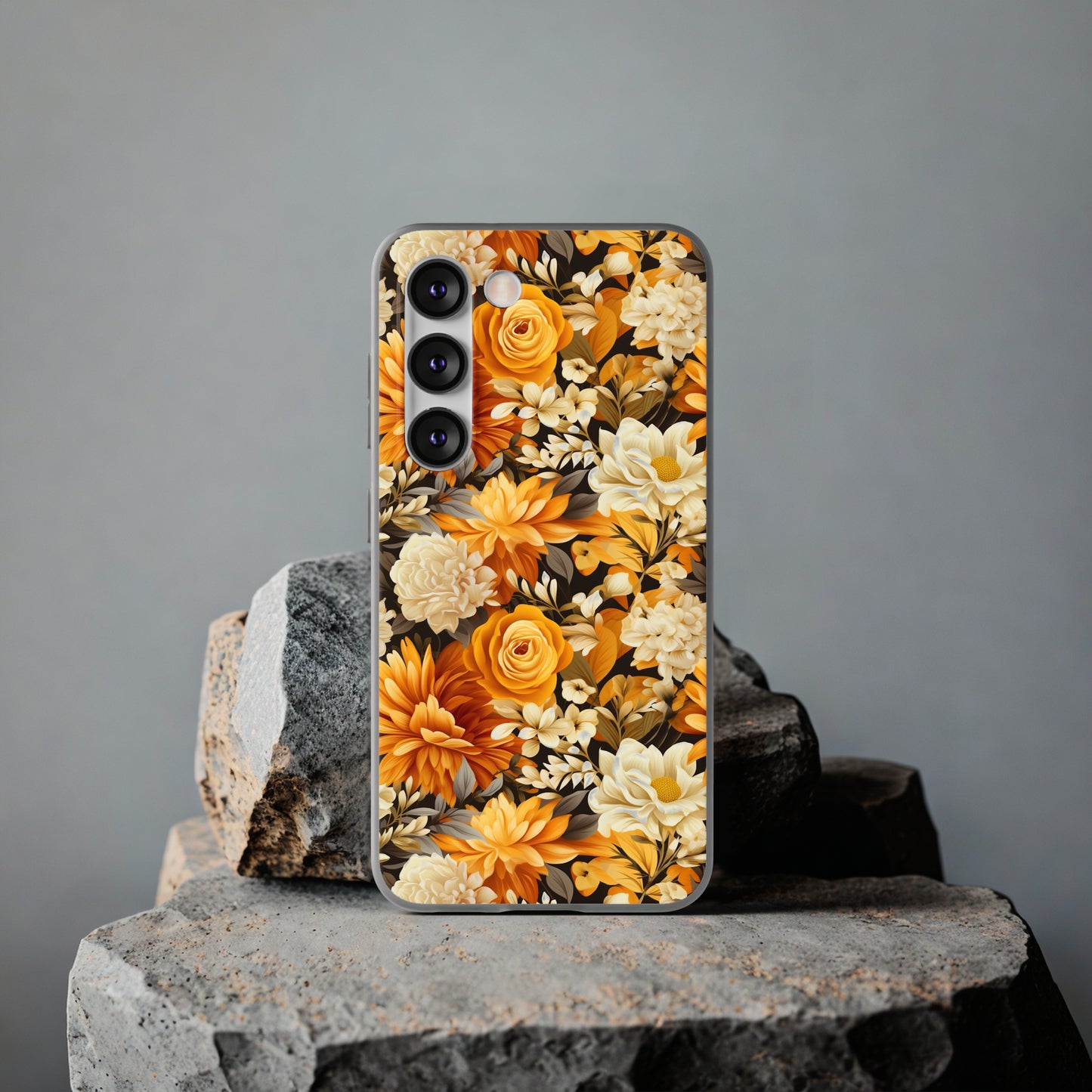 Autumnal Romance: Golden and White Blossoms on Black - Flexible Phone Case