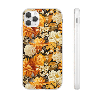 Autumnal Romance: Golden and White Blossoms on Black - Flexible Phone Case