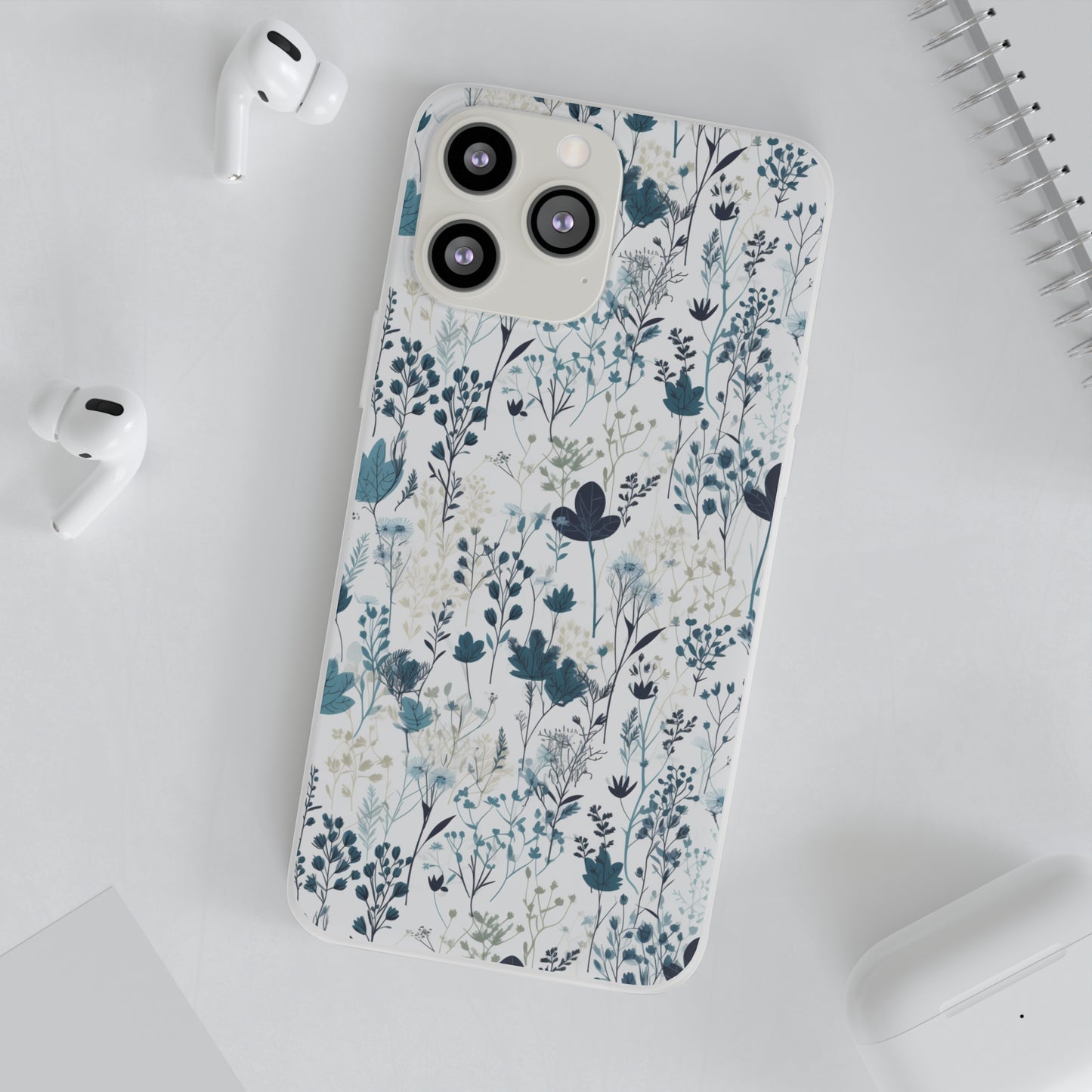 Serene Blue Wildflower Phone Case - Elegant White Background Design - Spring Collection - Flexi Cases Phone Case Pattern Symphony iPhone 13 Pro Max with gift packaging  