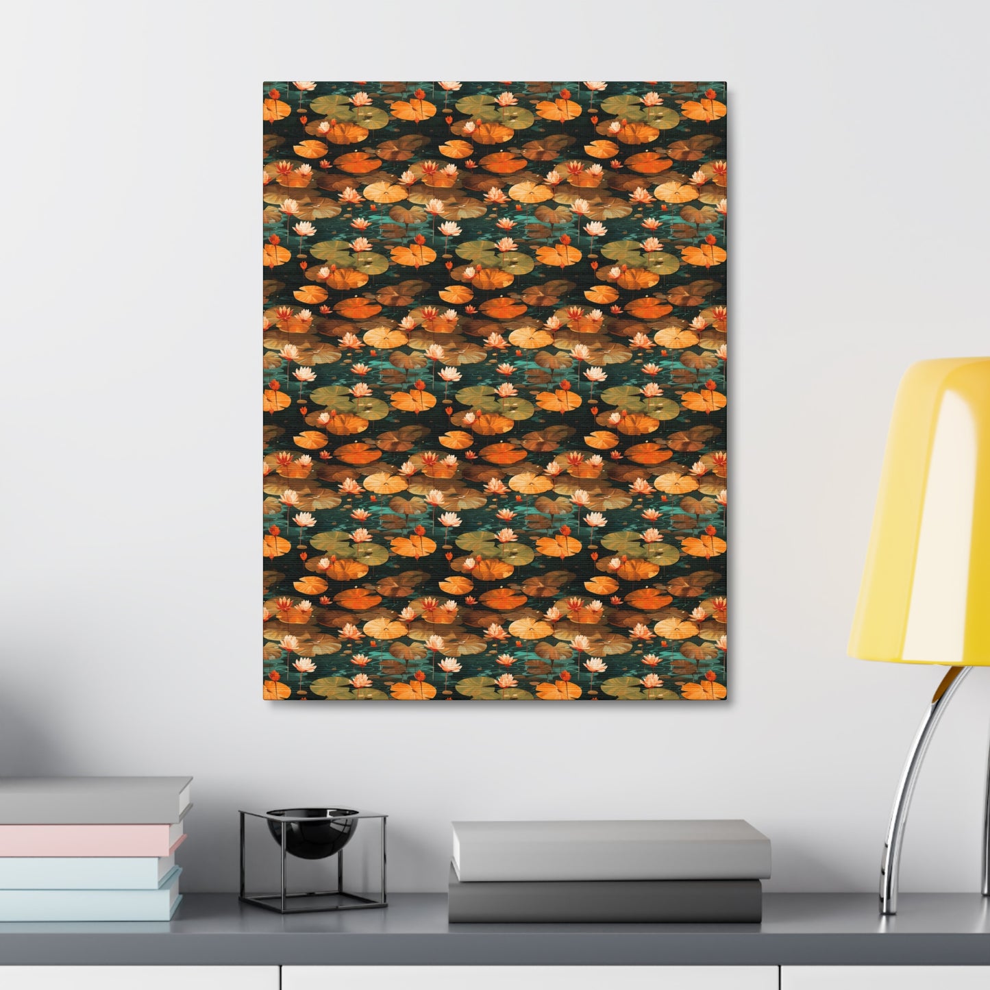 Orange Lotus Whisper: Autumn on the Water - Satin Canvas, Stretched