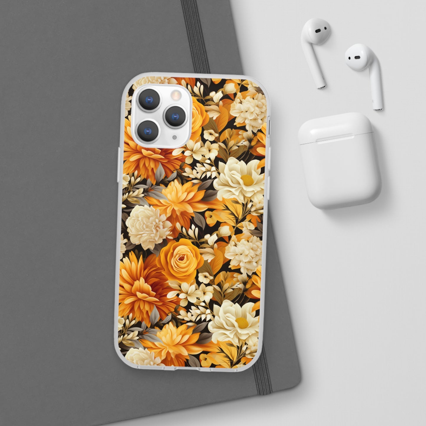 Autumnal Romance: Golden and White Blossoms on Black - Flexible Phone Case