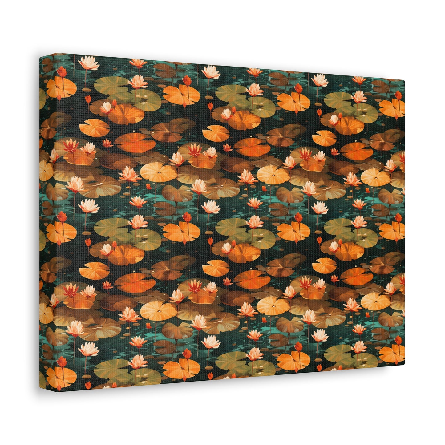 Orange Lotus Whisper: Autumn on the Water - Satin Canvas, Stretched