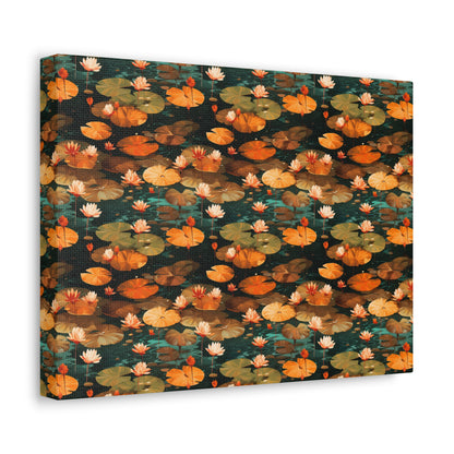 Orange Lotus Whisper: Autumn on the Water - Satin Canvas, Stretched