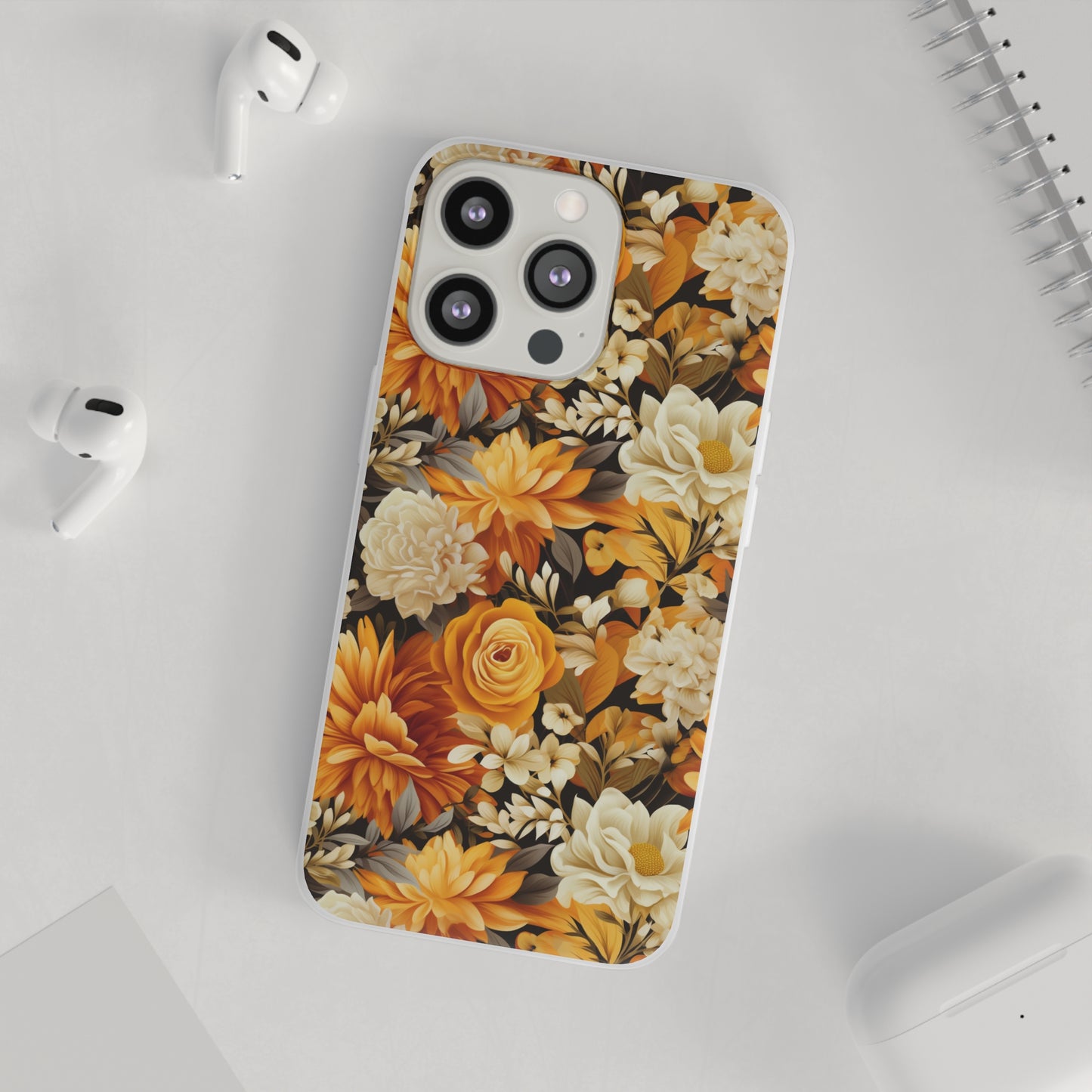 Autumnal Romance: Golden and White Blossoms on Black - Flexible Phone Case