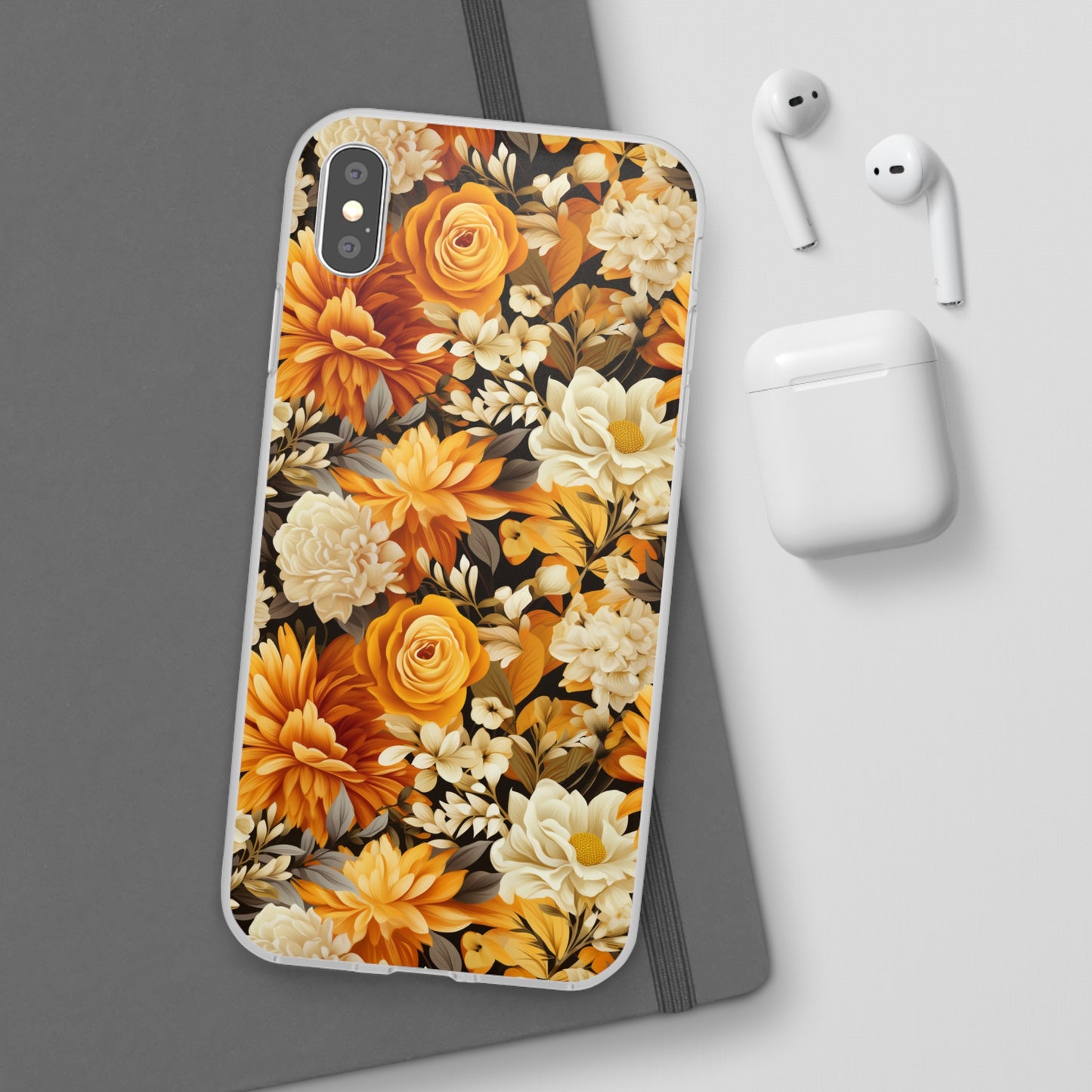 Autumnal Romance: Golden and White Blossoms on Black - Flexible Phone Case