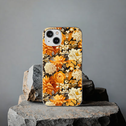 Autumnal Romance: Golden and White Blossoms on Black - Flexible Phone Case