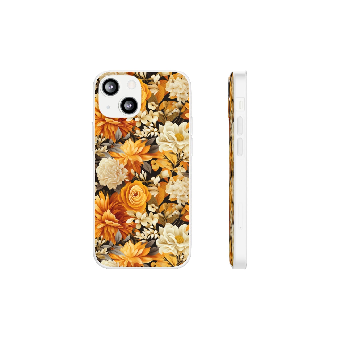 Autumnal Romance: Golden and White Blossoms on Black - Flexible Phone Case