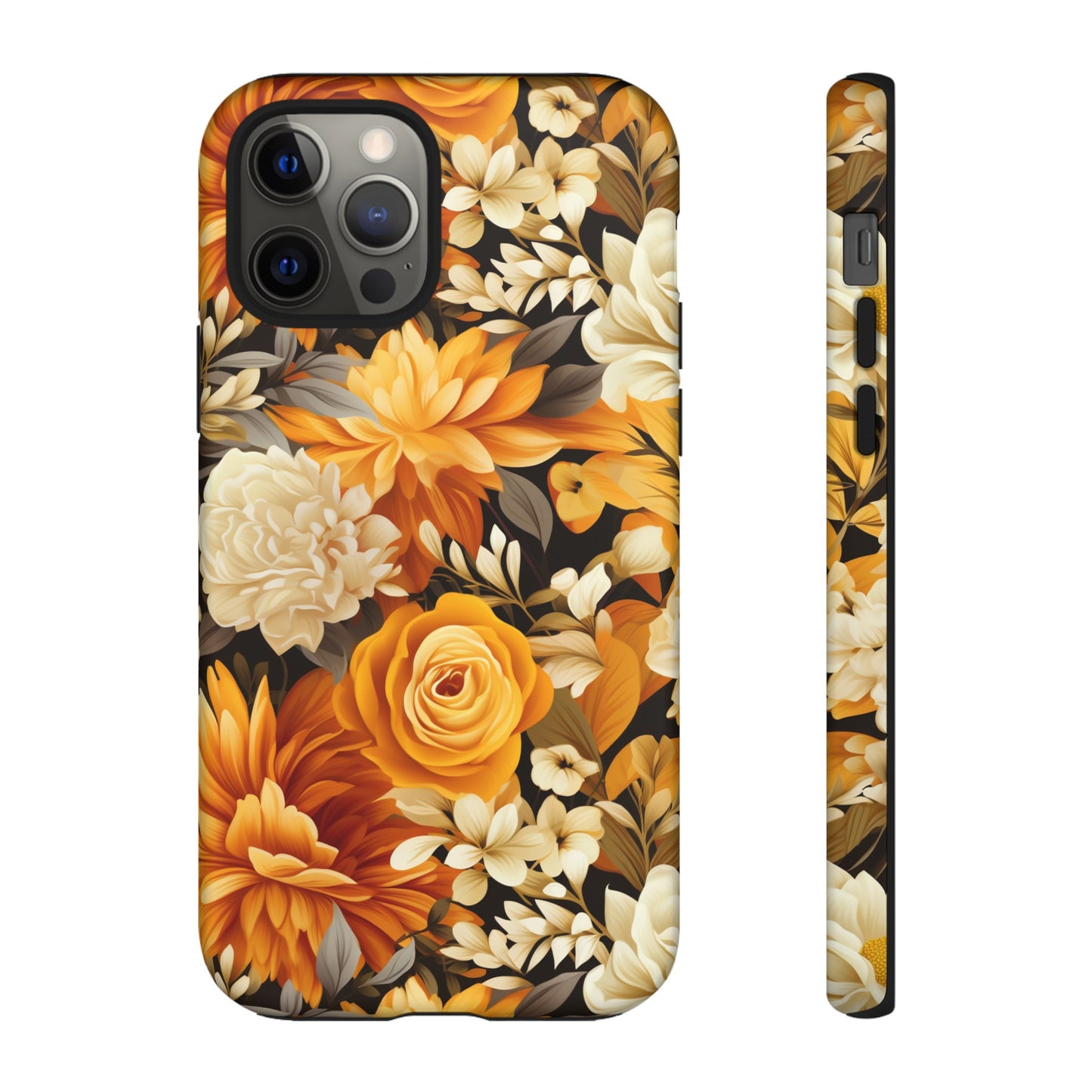 Autumnal Romance: Golden and White Blossoms on Black - Tough Phone Case