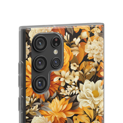 Autumnal Romance: Golden and White Blossoms on Black - Flexible Phone Case