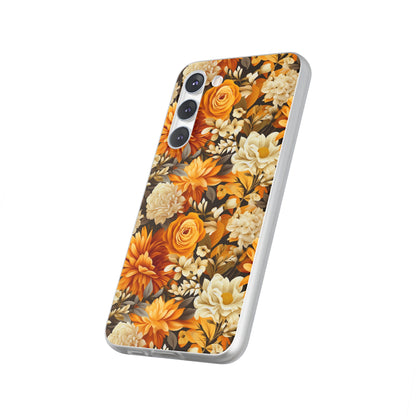 Autumnal Romance: Golden and White Blossoms on Black - Flexible Phone Case