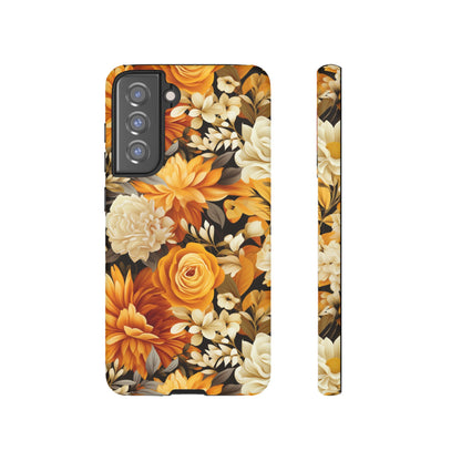 Autumnal Romance: Golden and White Blossoms on Black - Tough Phone Case