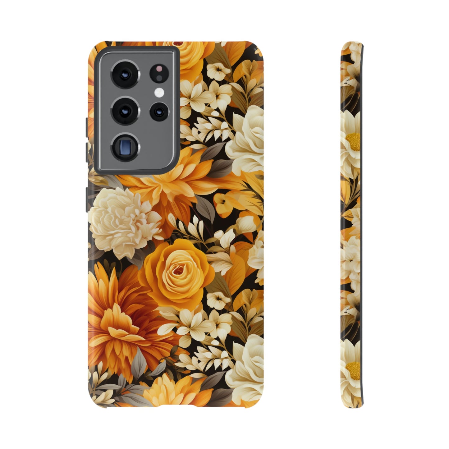 Autumnal Romance: Golden and White Blossoms on Black - Tough Phone Case