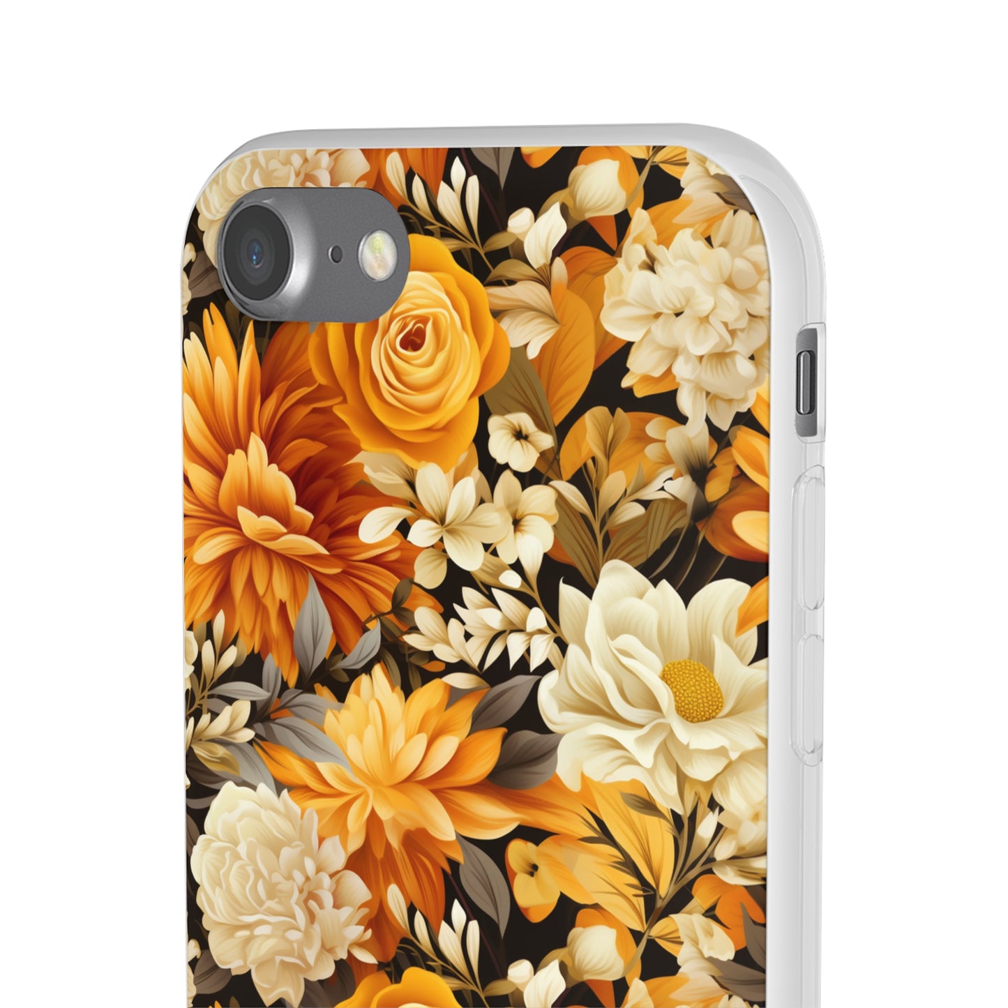 Autumnal Romance: Golden and White Blossoms on Black - Flexible Phone Case