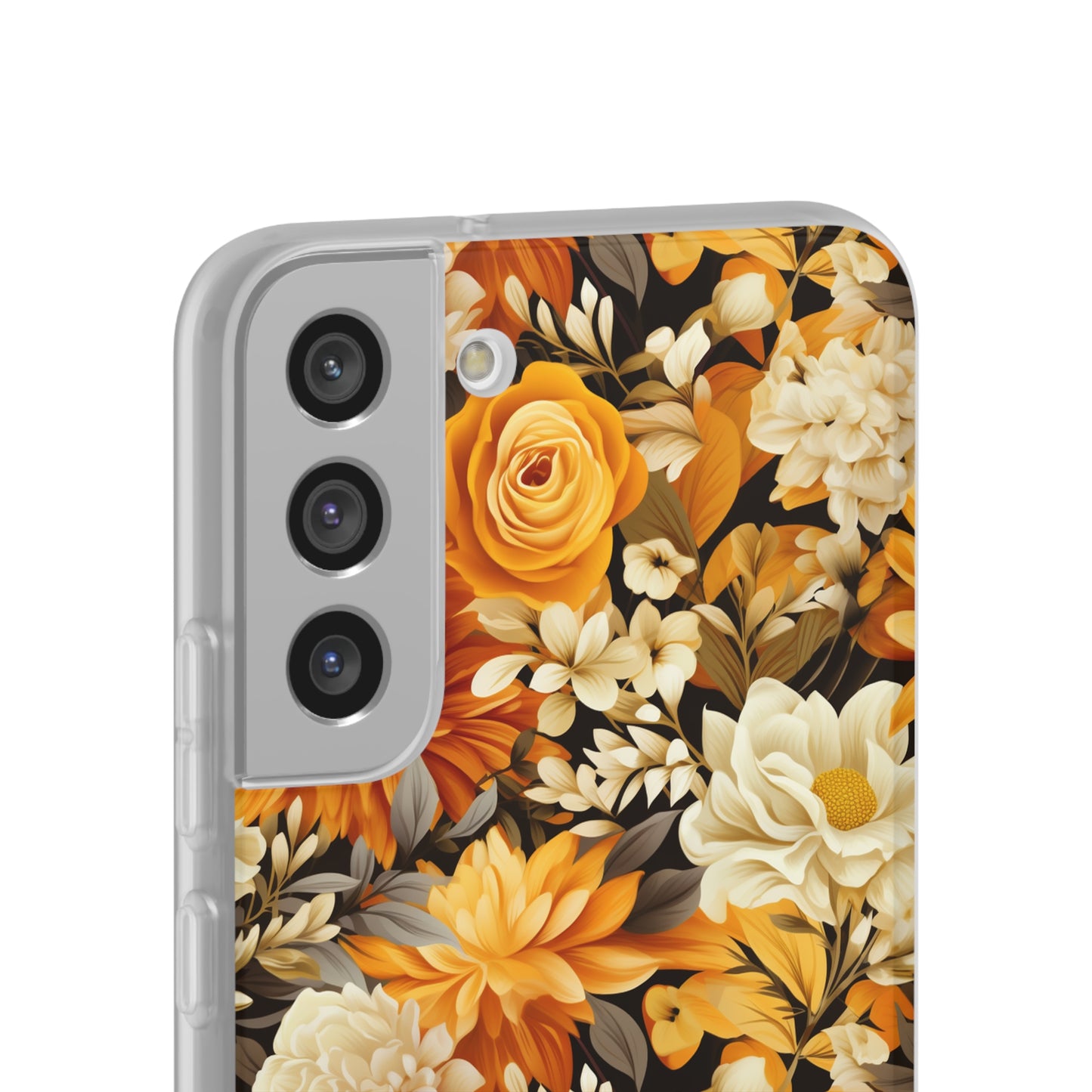 Autumnal Romance: Golden and White Blossoms on Black - Flexible Phone Case