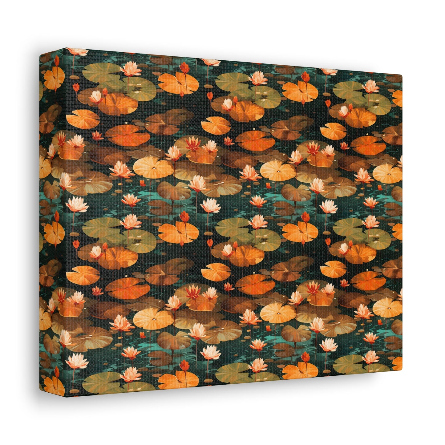 Orange Lotus Whisper: Autumn on the Water - Satin Canvas, Stretched