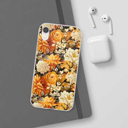 Autumnal Romance: Golden and White Blossoms on Black - Flexible Phone Case