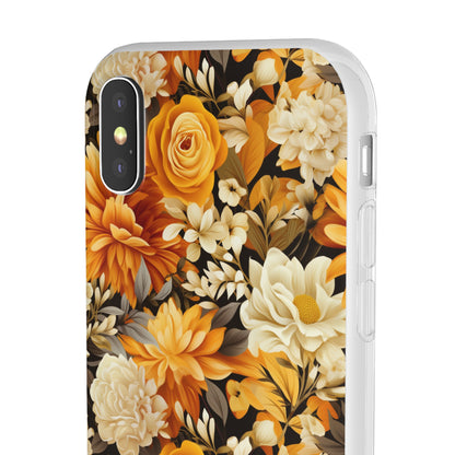 Autumnal Romance: Golden and White Blossoms on Black - Flexible Phone Case