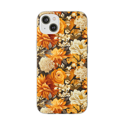 Autumnal Romance: Golden and White Blossoms on Black - Flexible Phone Case