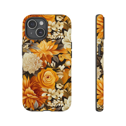 Autumnal Romance: Golden and White Blossoms on Black - Tough Phone Case