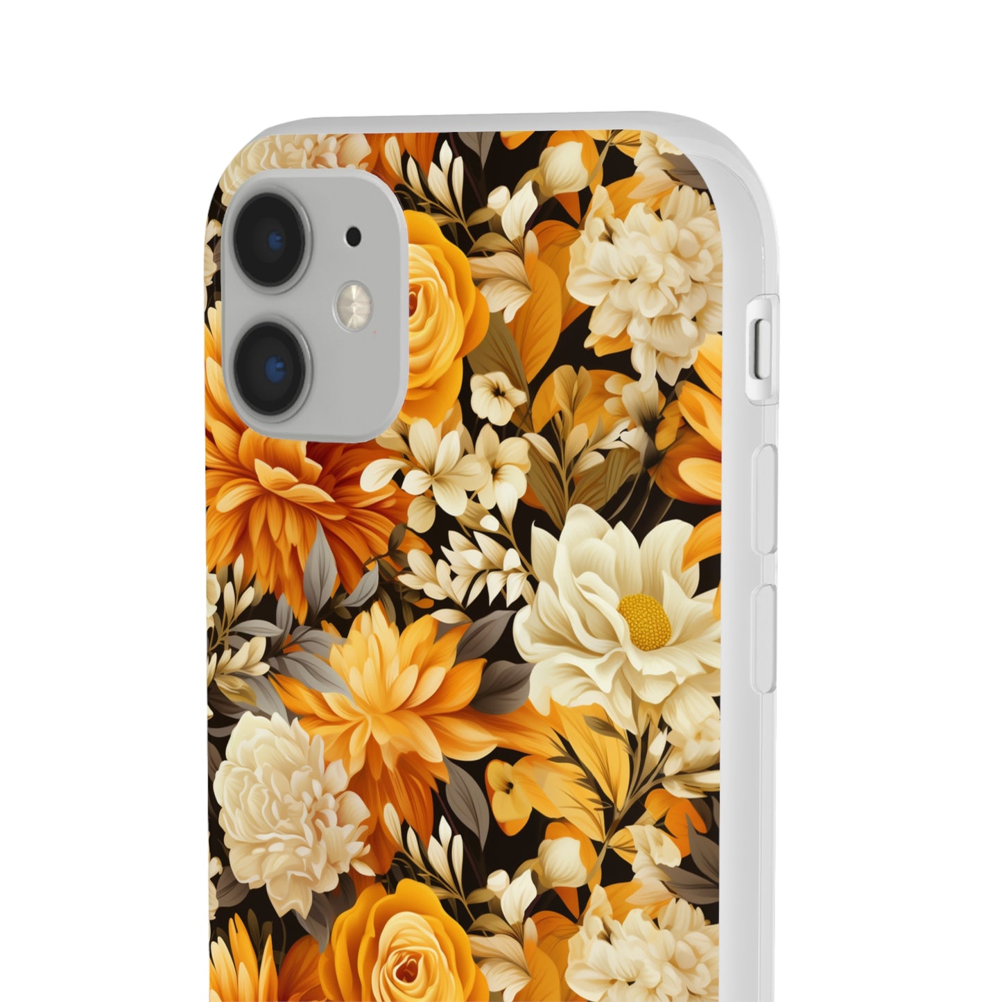 Autumnal Romance: Golden and White Blossoms on Black - Flexible Phone Case