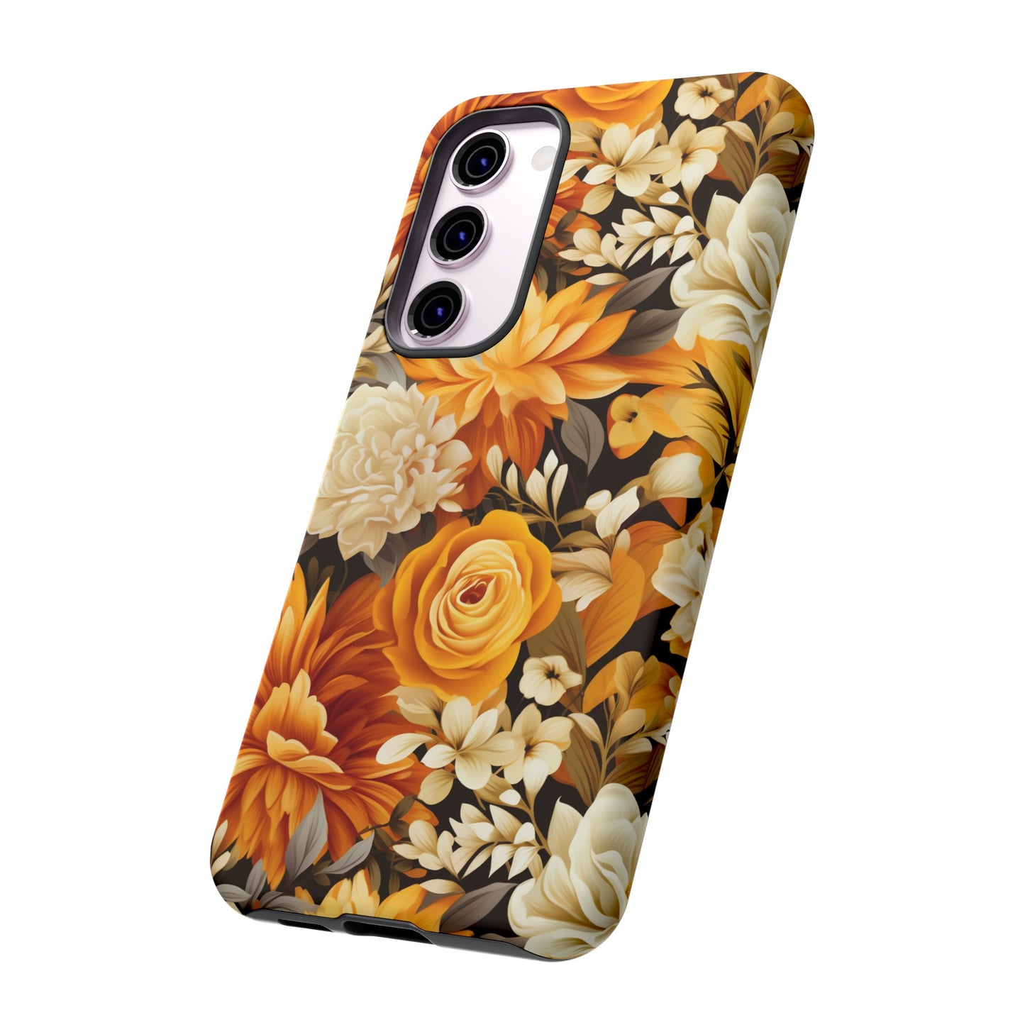 Autumnal Romance: Golden and White Blossoms on Black - Tough Phone Case