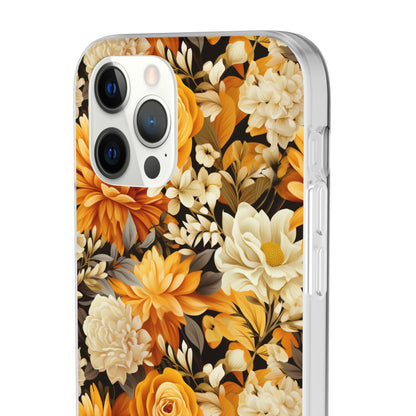 Autumnal Romance: Golden and White Blossoms on Black - Flexible Phone Case