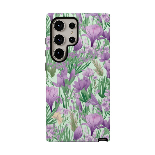 Lush Spring Garden Tough Phone Case - Featuring Purple Crocuses, Lavender Iris, and Hyacinth Design