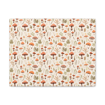 Mushroom Haven: Autumnal Tones Botanical Illustration - Satin Canvas, Stretched