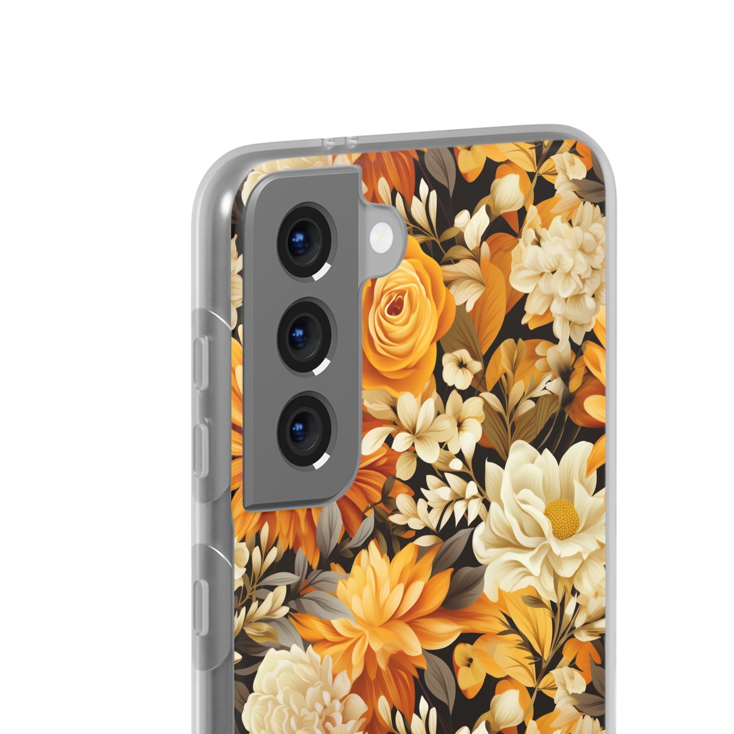 Autumnal Romance: Golden and White Blossoms on Black - Flexible Phone Case