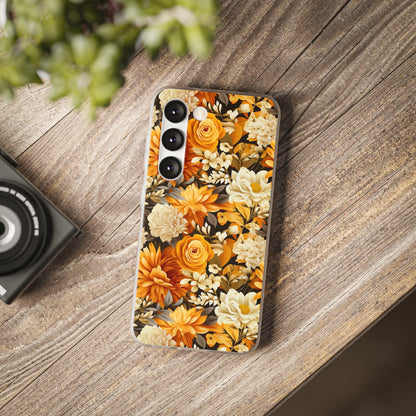 Autumnal Romance: Golden and White Blossoms on Black - Flexible Phone Case