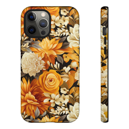 Autumnal Romance: Golden and White Blossoms on Black - Tough Phone Case