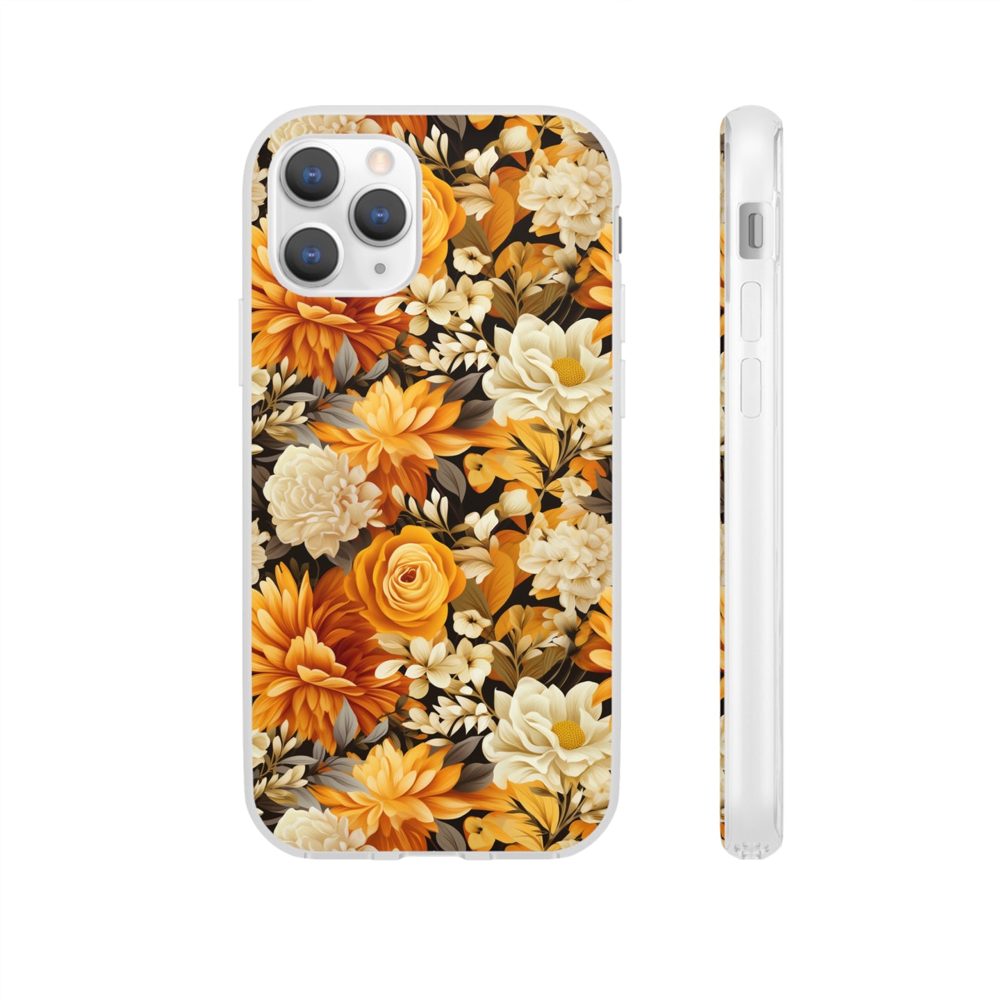 Autumnal Romance: Golden and White Blossoms on Black - Flexible Phone Case