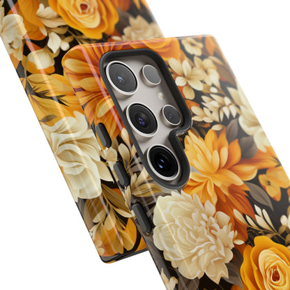 Autumnal Romance: Golden and White Blossoms on Black - Tough Phone Case