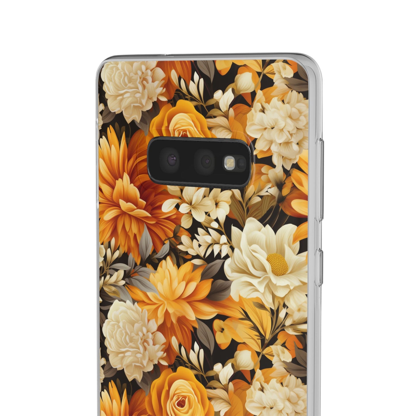 Autumnal Romance: Golden and White Blossoms on Black - Flexible Phone Case