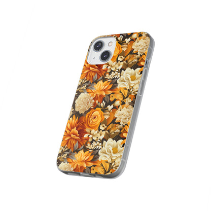 Autumnal Romance: Golden and White Blossoms on Black - Flexible Phone Case