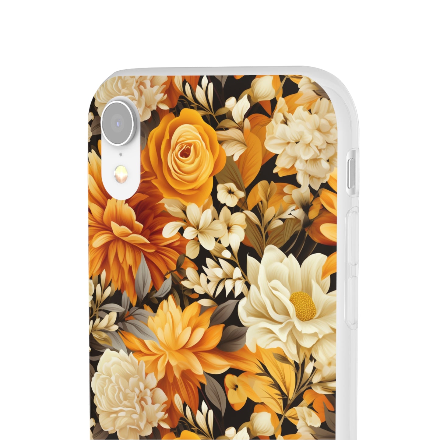 Autumnal Romance: Golden and White Blossoms on Black - Flexible Phone Case