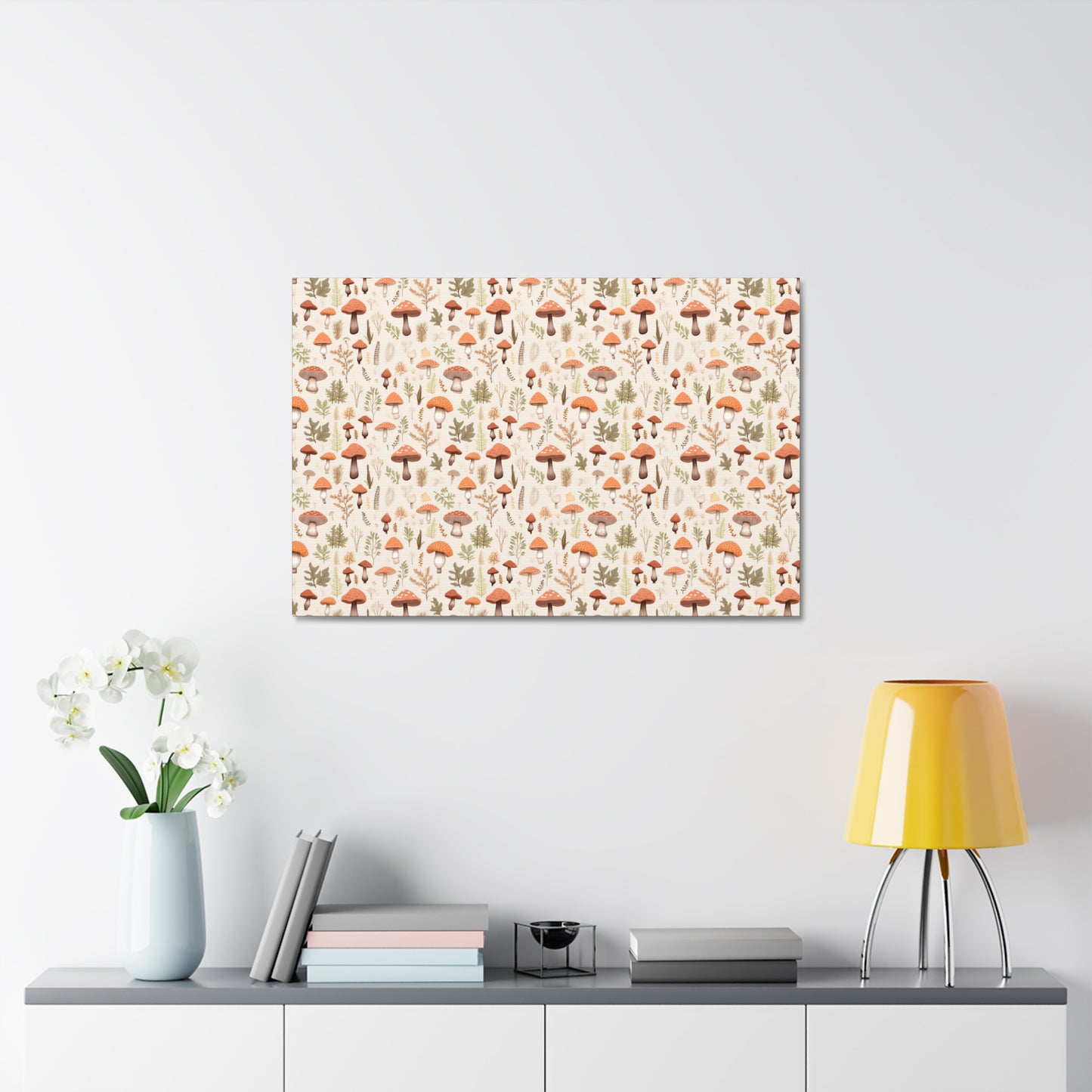 Mushroom Haven: Autumnal Tones Botanical Illustration - Satin Canvas, Stretched