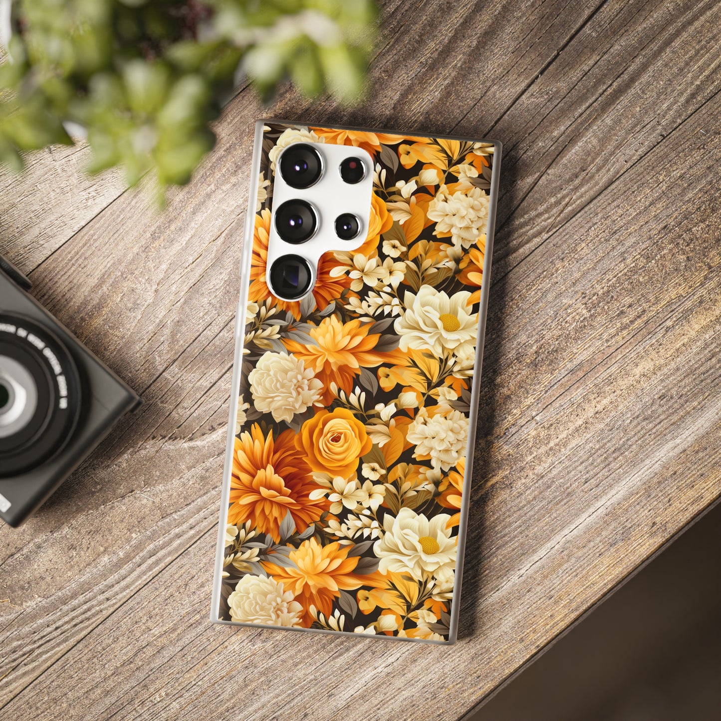 Autumnal Romance: Golden and White Blossoms on Black - Flexible Phone Case