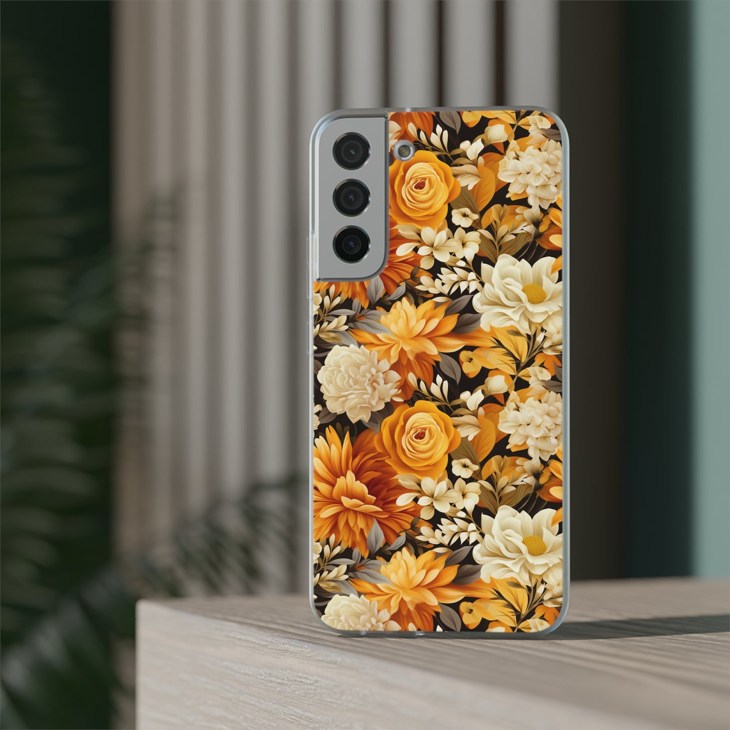 Autumnal Romance: Golden and White Blossoms on Black - Flexible Phone Case