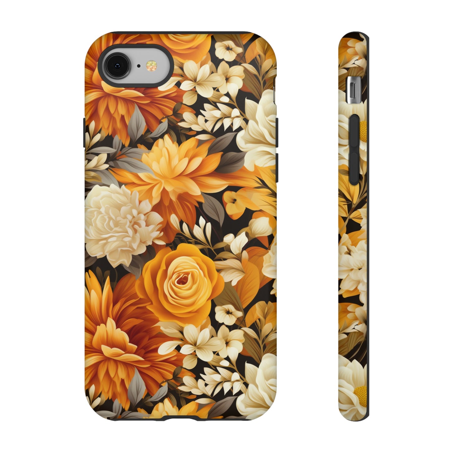 Autumnal Romance: Golden and White Blossoms on Black - Tough Phone Case