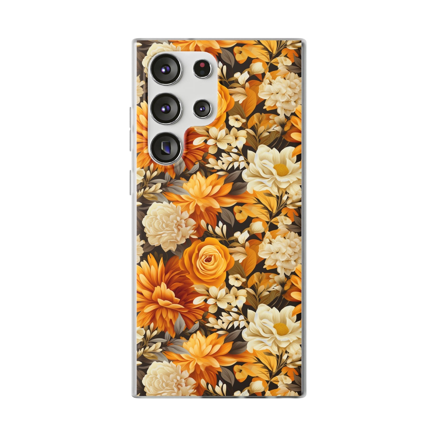 Autumnal Romance: Golden and White Blossoms on Black - Flexible Phone Case