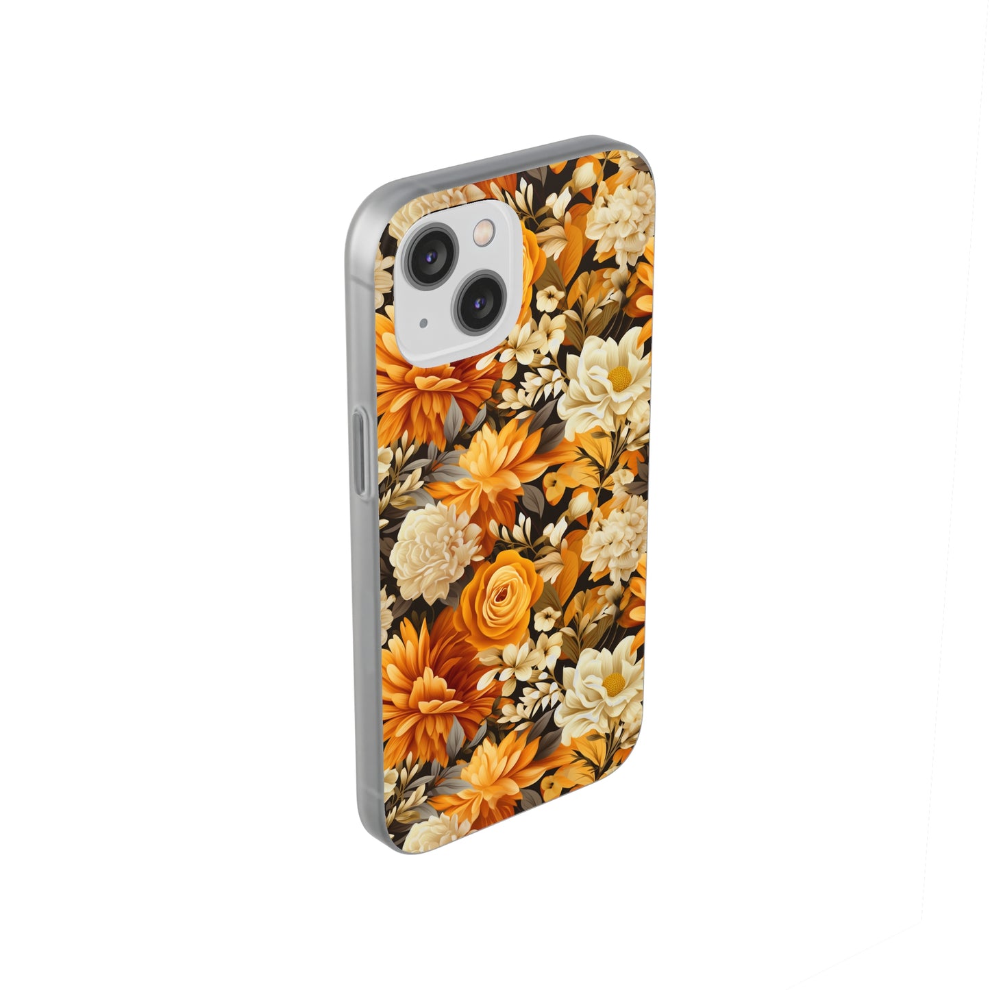 Autumnal Romance: Golden and White Blossoms on Black - Flexible Phone Case