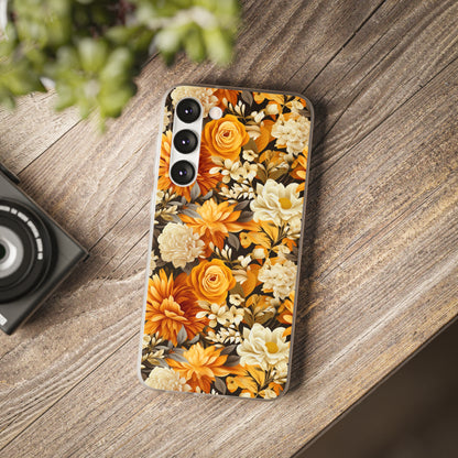 Autumnal Romance: Golden and White Blossoms on Black - Flexible Phone Case