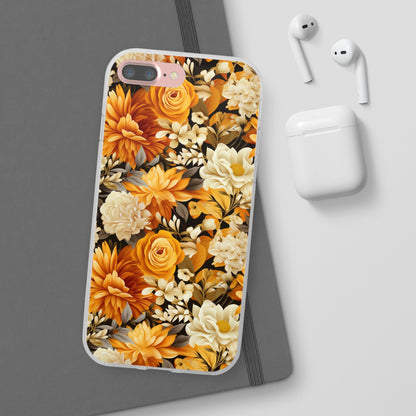 Autumnal Romance: Golden and White Blossoms on Black - Flexible Phone Case