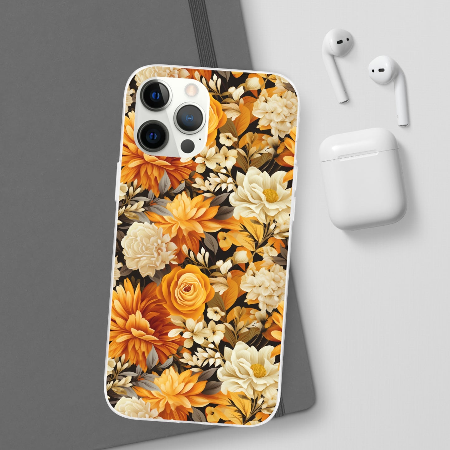 Autumnal Romance: Golden and White Blossoms on Black - Flexible Phone Case