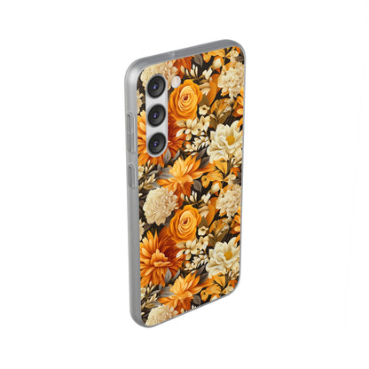 Autumnal Romance: Golden and White Blossoms on Black - Flexible Phone Case