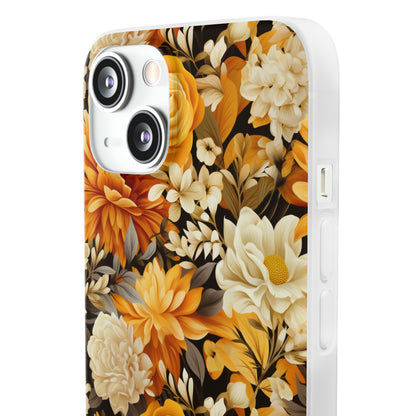 Autumnal Romance: Golden and White Blossoms on Black - Flexible Phone Case