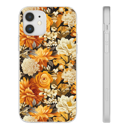 Autumnal Romance: Golden and White Blossoms on Black - Flexible Phone Case