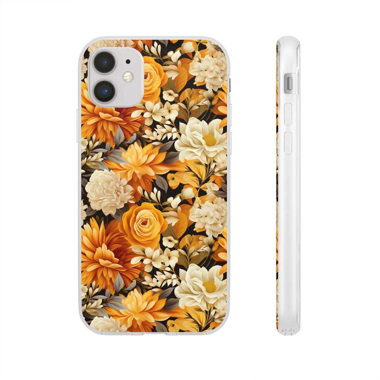 Autumnal Romance: Golden and White Blossoms on Black - Flexible Phone Case