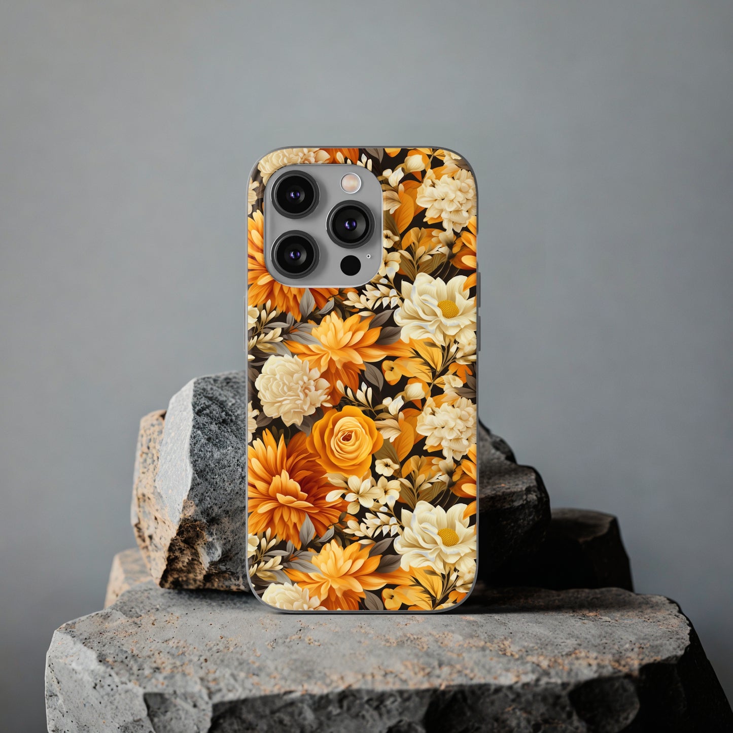 Autumnal Romance: Golden and White Blossoms on Black - Flexible Phone Case